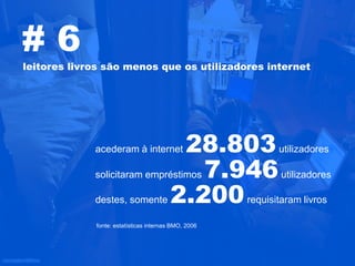 #6
leitores livros são menos que os utilizadores internet




             acederam à internet 28.803 utilizadores
             solicitaram empréstimos 7.946 utilizadores

             destes, somente 2.200 requisitaram livros

             fonte: estatísticas internas BMO, 2006
 