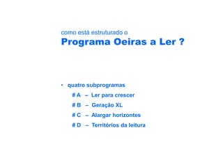 como está estruturado o
Programa Oeiras a Ler ?



• quatro subprogramas
   # A – Ler para crescer
   # B – Geração XL
   # C – Alargar horizontes
   # D – Territórios da leitura
 