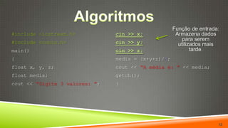 Algoritmos12Função de entrada: Armazena dados para serem utilizados mais tarde.cin >> x;cin >> y;cin >> z;media = (x+y+z)/3;cout << “A média é: ”<< media;getch();}#include <iostream.h>#include <conio.h>main(){float x, y, z;float media;cout << “Digite 3 valores: ”;