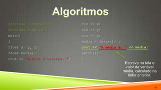 Algoritmos14cin >> x;cin >> y;cin >> z;media = (x+y+z)/3;cout << “A média é: ”<< media;getch();}#include <iostream.h>#include <conio.h>main(){float x, y, z;float media;cout << “Digite 3 valores: ”;Escreve na tela o valor da variável media, calculado na linha anterior.