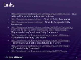 Linkshttp://msdn.microsoft.com/en-us/magazine/ee236639.aspx - Boas práticas EF e arquitetura de acesso a dadoshttp://blogs.msdn.com/adonet  - Time do Entity Frameworkhttp://blogs.msdn.com/efdesign - Time do Design do Entity Frameworkhttp://blogs.msdn.com/adonet/archive/2008/10/07/migrating-from-linq-to-sql-to-entity-framework-eager-loading.aspx - Migrando de Linq To sqlpara Entity Frameworkhttp://msdn.microsoft.com/en-us/magazine/cc163286.aspx- Modelando um Entity Data Modelhttp://msdn.microsoft.com/en-us/magazine/cc700340.aspx - Entity Framework sobre arquiteturas de n-layershttp://msdn.microsoft.com/en-us/magazine/cc507640.aspx- Q & A de Entity Framework http://msdn.microsoft.com/en-us/library/bb399572.aspx25