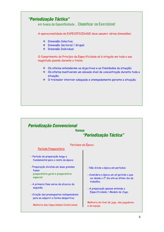 8
“Periodização Táctica”
em busca da Especificidade… Classificar os Exercícios!
A operacionalidade da ESPECIFICIDADE deve assumir várias dimensões:
Dimensão Colectiva;
Dimensão Sectorial / Grupal;
Dimensão Individual;
O Cumprimento do Princípio da Especificidade só é atingido em toda a sua
magnitude quando durante o treino:
Os atletas entenderem os objectivos e as finalidades da situação;
Os atletas mantiverem um elevado nível de concentração durante toda a
situação;
O treinador intervier adequada e atempadamente perante a situação;
Periodização Convencional
Versus
“Periodização Táctica”
Períodos da Época:
Período Preparatório
- Período de preparação longo e
fundamental para o resto da época;
- Preparação dividida em duas grandes
fases:
preparatória geral e preparatória
especial;
- A primeira fase serve de alicerce da
segunda;
- Criação dos pressupostos indispensáveis
para se adquirir a forma desportiva;
Melhoria das Capacidades Condicionais
- Não divide a época em períodos;
- Considera a época um só período o que
vai desde o 1º dia até ao último dia de
trabalho;
- A preparação apenas entende a
Especificidade / Modelo de Jogo;
Melhoria do nível de jogo, dos jogadores
e da equipa
 