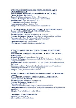 6ª NOITE: DOS HOMENS E DOS JOSÉS. DOMINGO 04 DE
DEZEMBRO 19:00H
Tema: MARIA, SENHORA E AMPARO DOS SOFREDORES.
(Nossa Senhora das Dores)
Textos bíblicos: Julgamento Divino – Mt 25, 34-40
Entrada da Imagem Bairro: Terço dos Homens e RCC
Responsáveis: Terço dos Homens e RCC
Convidados: Famílias Uruçuquenses
Homenageados: Bairro Anfrísio Goes
Bênção: Os Homens, os Josés da Comunidade e os Casais
7ª NOITE: DA PAZ. SEGUNDA-FEIRA 05 DE DEZEMBRO 19:00H
Tema: MARIA, SENHORA E MÃE MISSIONÁRIA.
(Nossa Senhora de Nazaré)
Textos bíblicos: Revelação do Senhor – Mt 11,25 -30
Entrada da Imagem Bairros: Clube da Fraternidade e Clube das Mães
Responsáveis: Clube da Fraternidade e Clube das Mães
Convidados: Servidores Públicos Estaduais e Federais
Homenageados: Irmã Dulce e Urbis
Bênção: Servidores Públicos Estaduais e Federais
8ª NOITE: DA ESPERANÇA. TERÇA-FEIRA 06 DE DEZEMBRO
19:00H
Tema: MARIA, SENHORA E MODELO DA JUVENTUDE. (N. Sra.
Auxiliadora)
Textos bíblicos: O Amor de Deus – Ijo 4,7-15
Entrada da Imagem: Setor da Juventude: E.J.C, JAC, Amor e Gratidão e
Catequese do Crisma
Responsáveis: Setor da Juventude: E.J.C, JAC, Amor e Gratidão e Catequese
do Crisma
Convidados: Bairro Waldeck Ornelas, Estudantes, Jovens e Desportistas
Homenageados: Todos os Jovens Uruçuquenses
Bênção: Jovens, Estudantes e Desportistas
9ª NOITE: DA MISERICÓRDIA. QUARTA-FEIRA 07 DE DEZEMBRO
19:00H
Tema: MARIA, SENHORA E MÃE DA IGREJA PEREGRINA.
(Nossa Senhora da Glória)
Textos bíblicos: Bom Pastor – Jo 10,11-18
Entrada da Imagem Bairro: ENSC
Responsáveis: ENSC
Convidados: Prefeitura Municipal e os três Poderes Públicos.
Homenageados: Setor Educacional, Secretárias do Município e Servidores do
Município
Bênção: Poderes Públicos e dos Servidores
DIA DA FESTA – 08 de Dezembro
05:00h Alvorada festiva
06:00h Oficio de Nossa Senhora
 