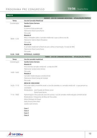 14ºCBDor14º Congresso Brasileiro de Dor
13
19/06 - Quarta-feiraP R O G R A M A P R E C O N G R E S S O
SALA 10
MANHÃ - USO DE CANNABIS MEDICINAL – ATUALIZAÇÃO PRÁTICA
Tema: Uso de Cannabis Medicinal
Coordenação: Sandra Caires Serrano
08:00 - 12:30
Modulo I
O sistema Endocanabinoide
Palestrante: Eliane Guerra Nunes
Discussão
Modulo II
Mitos e Verdades sobre a cannabis medicinal: o que a ciência nos diz
Palestrante: Fabrício Alano Pamplona
Discussão:
Modulo III
A cannabis medicinal no Brasil: do auto-cultivo à importação / A visão da SBEC
Palestrante: Eliane Guerra Nunes
Discussão:
12:30 - 14:00 INTERVALO - ALMOÇO
TARDE - USO DE CANNABIS MEDICINAL – ATUALIZAÇÃO PRÁTICA
Tema: Uso de cannabis medicinal
Coordenação: Sandra Caires Serrano
14:00 - 16:00
Modulo IV
Prescrevendo cannabis medicinal – a visão do CFM
Palestrante: Sandra Caires Serrano
Discussão
Modulo V
Cannabis medicinal para controle de dor
Palestrante: Daniel Ciampi de Andrade
Discussão
16:20 – 17:10
17:10 - 18:00
MESA DE DISCUSSÃO
Discussão sobre o momento atual: a crise dos opioides e o cannabis medicinal – o que pensam as
sociedades
Moderadores: Jose Oswaldo de Oliveira Junior
Eliane Guerra Nunes
Apresentação e Discussão de casos de sucesso / uso de cannabis medicinal para controle da dor
Moderadores / Integrantes da Mesa de Discussões:
Mauro Rodrigues de Araujo
Pedro Antonio Pierro Neto
Sandra Caires Serrano
Caso 1
Caso 2
Caso 3
Caso 4
 
