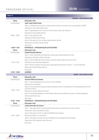 14ºCBDor14º Congresso Brasileiro de Dor
25
20/06 - Quinta-feiraP R O G R A M A O F I C I A L
SALA 11
MANHÃ - EDUCAÇÃO E DOR
Tema: Educação e dor
Coordenação: Jamir João Sardá Junior
08:30 - 10:00
Aula 1: O desafio de transmitir o conhecimento da dor de acordo com as orientações da IASP
Palestrante: Jamir João Sardá Junior
Aula 2: Sugestação de um curriculo minimo para o aluno de medicina
Palestrante: José Geraldo Speciali
Aula 3: Sexo, gênero e dor
Palestrante: Maurício Kosminsky
Aula 4: Educação em dor na liga multidisciplinar de dor
Palestrante: Luci Mara França Correia
Discussão
10:00-11:00 INTERVALO – APRESENTAÇÃO DE PÔSTERES
Tema: Educação e dor
Coordenação: Fabiola Peixoto Minson
11:00 -12:30
Aula 1: Como transmitir de modo ético a discussão sobre opioides em dor?
Palestrante: Vitto Bruce Salles Fernandes
Aula 2: Como avaliar de modo critico um artigo sobre a pratica clinica em dor?
Palestrante: Durval Campos Kraychete
Aula 3: Novos e antigos recursos para a educação do paciente com dor - A voz do Paciente
Palestrante: Fabiola Peixoto Minson
Discussão
12:30 - 14:00 ALMOÇO
TARDE - EDUCAÇÃO E DOR
Tema: Educação e dor
Coordenação: Josimari Melo de Santana
14:00 - 15:30
Aula 1: A pós-graduação stricto-sensu em dor orofacial.
Palestrante: Fausto Bérzin
Aula 2: Como promover pesquisa básica, pesquisa clínica e educação em dor da graduação à forma-
ção stricto-sensu.
Palestrante: Josimari Melo de Santana
Aula 3: Transdiciplinalidade como ferramenta de ensino academico da dor a nivel de graduação
Palestrante: Welma Fuso
Discussão
15:30 - 16:30 INTERVALO – APRESENTAÇÃO DE PÔSTERES
Tema: Educação e dor
Coordenação: Juliana Barcellos de Souza
16:30 - 18:00
Aula 1: Educação da dor e promoção de autonomia em pacientes com dor crônica
Palestrante: Juliana Barcellos de Souza
Aula 2: Educação em dor na rede: Possibilidade de atuação.
Palestrante: Marcio Curi Rondinelli
Aula 3: Educação: usando recursos mediados por tecnologias da informação
Palestrante: Julio Alejandro Lobos Trancoso
Discussão
 