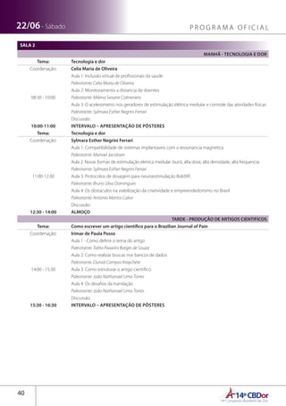 14ºCBDor14º Congresso Brasileiro de Dor
40
22/06 - Sábado P R O G R A M A O F I C I A L
SALA 2
MANHÃ - TECNOLOGIA E DOR
Tema: Tecnologia e dor
Coordenação: Celia Maria de Oliveira
08:30 - 10:00
Aula 1: Inclusão virtual de profissionais da saude
Palestrante: Celia Maria de Oliveira
Aula 2: Monitoramento a distancia de doentes
Palestrante: Milena Seoane Colmenero
Aula 3: O acelerometro nos geradores de estimulação elétrica medular e controle das atividades fisicas
Palestrante: Sylmara Esther Negrini Ferrari
Discussão
10:00-11:00 INTERVALO – APRESENTAÇÃO DE PÔSTERES
Tema: Tecnologia e dor
Coordenação: Sylmara Esther Negrini Ferrari
11:00-12:30
Aula 1: Compatibilidade de sistemas implantaveis com a ressonancia magnetica
Palestrante: Manoel Jacobsen
Aula 2: Novas formas de estimulação eletrica medular: burst, alta dose, alta densidade, alta frequencia.
Palestrante: Sylmara Esther Negrini Ferrari
Aula 3: Protocolos de dosagem para neuroestimulação BoldXR
Palestrante: Bruno Silva Domingues
Aula 4: Os obstaculos na viabilização da criatividade e empreendedorismo no Brasil
Palestrante: Antonio Martos Calvo
Discussão
12:30 - 14:00 ALMOÇO
TARDE - PRODUÇÃO DE ARTIGOS CIENTIFICOS
Tema: Como escrever um artigo científico para o Brazilian Journal of Pain
Coordenação: Irimar de Paula Posso
14:00 - 15:30
Aula 1 - Como definir o tema do artigo
Palestrante: Talita Pavarini Borges de Souza
Aula 2: Como realizar buscas nos bancos de dados
Palestrante: Durval Campos Kraychete
Aula 3: Como estruturar o artigo cientifico
Palestrante: João Nathanael Lima Torres
Aula 4: Os desafios da translação
Palestrante: João Nathanael Lima Torres
Discussão
15:30 - 16:30 INTERVALO – APRESENTAÇÃO DE PÔSTERES
 