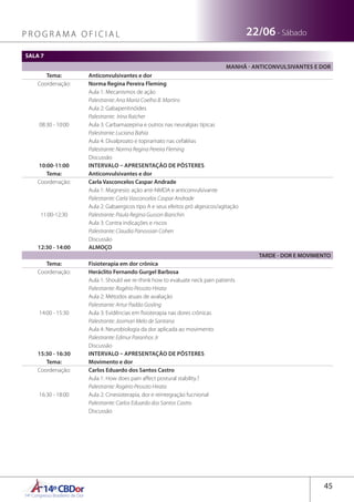 14ºCBDor14º Congresso Brasileiro de Dor
45
22/06 - SábadoP R O G R A M A O F I C I A L
SALA 7
MANHÃ - ANTICONVULSIVANTES E DOR
Tema: Anticonvulsivantes e dor
Coordenação: Norma Regina Pereira Fleming
08:30 - 10:00
Aula 1: Mecanismos de ação
Palestrante: Ana Maria Coelho B. Martins
Aula 2: Gabapentinóides
Palestrante: Irina Raicher
Aula 3: Carbamazepina e outros nas neuralgias típicas
Palestrante: Luciana Bahia
Aula 4: Divalproato e topiramato nas cefaléias
Palestrante: Norma Regina Pereira Fleming
Discussão
10:00-11:00 INTERVALO – APRESENTAÇÃO DE PÔSTERES
Tema: Anticonvulsivantes e dor
Coordenação: Carla Vasconcelos Caspar Andrade
11:00-12:30
Aula 1: Magnesio: ação anti-NMDA e anticonvulsivante
Palestrante: Carla Vasconcelos Caspar Andrade
Aula 2: Gabaergicos tipo A e seus efeitos pró algesicos/agitação
Palestrante: Paula Regina Gusson Bianchin
Aula 3: Contra indicações e riscos
Palestrante: Claudia Panossian Cohen
Discussão
12:30 - 14:00 ALMOÇO
TARDE - DOR E MOVIMENTO
Tema: Fisioterapia em dor crônica
Coordenação: Heráclito Fernando Gurgel Barbosa
14:00 - 15:30
Aula 1: Should we re-think how to evaluate neck pain patients
Palestrante: Rogério Pessoto Hirata
Aula 2: Métodos atuais de avaliação
Palestrante: Artur Padão Gosling
Aula 3: Evidências em fisioterapia nas dores crônicas
Palestrante: Josimari Melo de Santana
Aula 4: Neurobiologia da dor aplicada ao movimento
Palestrante: Edmur Paranhos Jr
Discussão
15:30 - 16:30 INTERVALO – APRESENTAÇÃO DE PÔSTERES
Tema: Movimento e dor 
Coordenação: Carlos Eduardo dos Santos Castro
16:30 - 18:00
Aula 1: How does pain affect postural stability.?
Palestrante: Rogério Pessoto Hirata
Aula 2: Cinesioterapia, dor e reintegração fucnional
Palestrante: Carlos Eduardo dos Santos Castro
Discussão
 