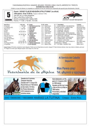 FUNCIONARAN APUESTAS A: GANADOR, SEGUNDO, TERCERO, DOBLE, EXACTA, IMPERFECTA Y TRIFECTA
INCREMENTOS A DOBLE $2.000 -
A doble: en caso de retirarse un competidor en cualquiera de las dos carreras que comprende esta apuesta pasa directamente a favorito
Premio “JOCKEY CLUB DE NEUQUÉN (UTTA) 2ºTURNO” (no oficial)
1100 metros - A las 13:20 hs. / Ingreso a veterinaria 11:50hs.
Todo SPC de 3 y 4 años perdedores.
Peso: 3 años 56 kg. 4 años 57kg.
Derecho a programa $100 - Boletos: $200
Premios: 1º 11.000 - 2º $2.500 - 3º $1.000.
5CARRERA
Stud (Proc.)
El Centinela
LL El Relincho (SP)
Rayito de Fe
El Remo
Rosana
Don Tancho
Don Tancho
Selección (San Fco.)
Los 3 Hermanos
Tato (Sgo. Del Estero)
Hs. El Silencio
Rasca
Don Roque (Paraná)
La Imperdible
4 Ult. Perf
-- -- 13SF 6SF
-- -- -- 4SF
-- -- 8SF 9SF
-- -- -- --
9SI 2SI 4SI 4A
-- -- -- --
2R 10SI 4SF 2R
-- -- -- 4SF
-- -- -- --
-- -- -- --
-- -- -- 8SF
7LP 8LP 5SF 10L
6SF 2SF 3SF 11S
-- -- -- --
Nº Caballo
1 PUNTANO BLACK PAZ
2 STAY AWAKE
3 ANDI PLUS
4 ELISALDO
5 SERVIAN
6 AMARILLENTO
6a YAGUATI
7 BOOMBANG
8 GANZABAL
9 HOPE FUNDS
10 QUE MILAGROSA
11 MILTON DUFF
12 HISPANO AMERICANO
13 SHY KASTEEL
E KG Jockey
3 56 Bustos Vela E.
3 56 Díaz Daniel
4 57 Carrizo Pablo
4 57 Perdomo M.
4 57 Castro Ezeqiel
3 56 Haller Matías
3 56 xx
3 56 Olivarez Claudio
3 56 Enrique Brian
4 57 Medina Alan
3 53 Fernández Néstor
4 57 Juárez Lucas
4 57 Acuña Diego
4 57 Ballanti Carlos
S P Padre-Madre
M Z BLACK HUMOUR - PAZ ARGENTINA
M ZD NOT FOR SALE - SONNETS WAY
M Z ALPHA PLUS - ANDARINA
M Z COQUELIZE - LADY ELIT
M Z PURE PRIZE - SECRETA
M Z EASING ALONG - POTRAAMAZONA
M ZD HONOUR AND GLORY-CON METAFORA
M Z ASIATIC BOY - BUM BUM
M Z EQUAL STRIPES - INTERGALANA
M Z STORM SURGE - FAST TURNS
H Z LANCELOT - NOTA TOSS
M Z EL PRADO ROB - TODA GLORIA M A
RUSSIAN BLUE - HISPANA
M Z SHY BAMU - SUBLIME TRAIL
Cuidador
Scheichtel D. E
Muzzachiodi Mario
Kalvermatter Jorge
Díaz Rafael
Castro Rafael
Ballejos Luis
Ballejos Luis
Tavella Ramón
Peñalva Edgardo
Medina Oscar
Serra Javier
De La Mata Carlos
Alfaro Pedro
Ballanti José C.
Colores Propios: Nº2 Verde y colorada en cuatro triángulos. Rombo azul con franja blanca en pecho; mangas N°3 Roja hombreras blancas, brazo rojo y blanco a mitades, gorra azul
N°7 Negra con circulos rojos. Mangas turqueza. Gorra negra con círculo rojo
Ganador de 12 carreras.
Campeón Velocista
Ganador del F. A. Unzué (GI)
Record Horse en 1100 metros
de San Isidro (1:01:63c)
Su Primera Generación
(2013) debutará en los
próximos meses.
Ganó debutando y en fila,
ganó el C. Congreve (GIII)
en 1000 metros.
Ganador de GIII a los 3 años
y 2do en GII en La Plata en
1600 metros.
Precocidad y velocidad
aseguradas.
HARAS LA TUTINA0343 156060390 / 156338856 Crespo - Entre Ríos.
 