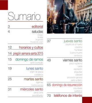 Sumario
saludas
Obispo
Alcalde
Arcipreste
Presidente Unión
santo borriquillo
virgen de gracia
costaleros
lágrimas
noche os...