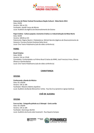 Concurso de Pôster Festival Pernambuco Nação Cultural - Mata Norte 2013
Data: 03/04
Horário: 20h às 21h
Facilitador: Ayodê França de Morais
Local: Auditório da Agência de Desenvolvimento de Goiana

Papo Criativo - Cultura popular, Economia Criativa e a Industrialização da Mata Norte
Data: 02/04
Horário: 18h30 às 21h
Palestrante: Regina Beatriz | Debatedoras: Micheli Barreto (Agência de Desenvolvimento de
Goiana) e Tarciana Portela (Instituto Delta Zero)
Local: Cine Teatro Polytheama (sala de vídeo conferência)

PAINEL

Brasil Criativo
Data: 02/04
Horário: 15h às 17h30
Convidados: Contemplados no Prêmio Brasil Criativo do MINC, José Francisco Irineu, Afonso
Oliveira e Daniela Bastos
Local: Cine Teatro Polytheama (sala de vídeo conferência)



                                      CAMUTANGA

OFICINA

Conhecendo a Banda de Música
Data: 02 a 06/04
Horário: 14h às 18h
Facilitador: Maestro Adelmo Apolônio
Local: Auditório da Banda Monsenhor Uchôa - Rua Sta Cruz (próximo à igreja Católica)


                                    CHÃ DE ALEGRIA

OFICINA

Furo na lata - Fotografia pinhole ou à Sténopé - Certo sertão
Data: 02 a 06/04
Horário: 14h às 18h
Facilitador: Dominique Berthé
Local: Auditório da Escola João Cavalcanti - Rua Siqueira Campos
 