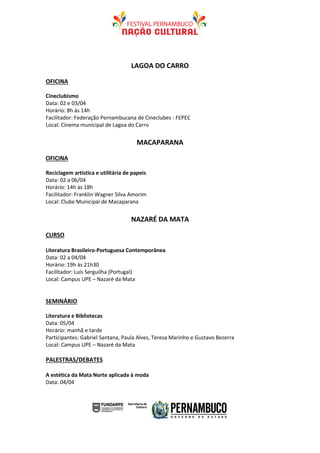 LAGOA DO CARRO

OFICINA

Cineclubismo
Data: 02 e 03/04
Horário: 8h às 14h
Facilitador: Federação Pernambucana de Cineclubes - FEPEC
Local: Cinema municipal de Lagoa do Carro


                                      MACAPARANA

OFICINA

Reciclagem artística e utilitária de papeis
Data: 02 a 06/04
Horário: 14h às 18h
Facilitador: Franklin Wagner Silva Amorim
Local: Clube Municipal de Macaparana


                                    NAZARÉ DA MATA

CURSO

Literatura Brasileiro-Portuguesa Contemporânea
Data: 02 a 04/04
Horário: 19h às 21h30
Facilitador: Luís Serguilha (Portugal)
Local: Campus UPE – Nazaré da Mata


SEMINÁRIO

Literatura e Bibliotecas
Data: 05/04
Horário: manhã e tarde
Participantes: Gabriel Santana, Paula Alves, Teresa Marinho e Gustavo Bezerra
Local: Campus UPE – Nazaré da Mata

PALESTRAS/DEBATES

A estética da Mata Norte aplicada à moda
Data: 04/04
 