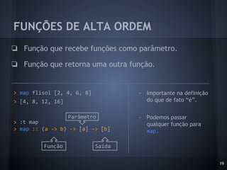 FUNÇÕES DE ALTA ORDEM
19
❏ Função que recebe funções como parâmetro.
❏ Função que retorna uma outra função.
> map flisol [2, 4, 6, 8]
> [4, 8, 12, 16]
> :t map
> map :: (a -> b) -> [a] -> [b]
Função
- Importante na definição
do que de fato “é”.
- Podemos passar
qualquer função para
map.
Parâmetro
Saída
 