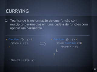 CURRYING
20
❏ Técnica de transformação de uma função com
múltiplos parâmetros em uma cadeia de funções com
apenas um parâmetro.
> function f(x, y) {
return x + y;
}
> function g(x, y) {
return function (y){
return x + y;
};
}
- f(x, y) == g(x, y)
 