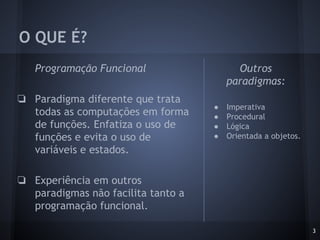 O QUE É?
Programação Funcional
❏ Paradigma diferente que trata
todas as computações em forma
de funções. Enfatiza o uso de
funções e evita o uso de
variáveis e estados.
❏ Experiência em outros
paradigmas não facilita tanto a
programação funcional.
Outros
paradigmas:
● Imperativa
● Procedural
● Lógica
● Orientada a objetos.
3
 