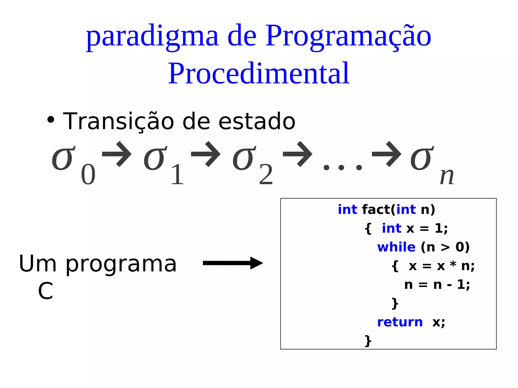 paradigma de Programação
Procedimental
• Transição de estado
σ0→ σ1→ σ2 →...→σn
int fact(int n)
{ int x = 1;
while (n > 0)
{ x = x * n;
n = n - 1;
}
return x;
}
Um programa
C
 