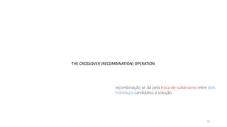 THE CROSSOVER (RECOMBINATION) OPERATION
10
recombinação se dá pela troca de subárvores entre dois
indivíduos candidatos à solução.
 