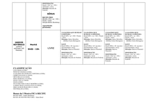 DESTIMAÇÃO
Brasil / GO/ 13’ / HD /
Animação / 2012
Direção: Ricardo de
Podestá

BÔNUS
RECIFE FRIO
BRASIL (PE)/ 25’ / HD /
Ficção / 2009
Direção:Kleber Mendonça
(aguardando
permissão)

(público
estimado 140
Pessoas)

Manhã
9h00 - 10h

CLASSIFICAÇÃO
LOUCEIRAS (LIVRE)
WIND OF CHANGE (LIVRE)
A GALINHA QUE BURLOU O SISTEMA (LIVRE)
I MORTI DI ALOS (14 ANOS)
ORTO BELLO (10 ANOS)
DONA ROMANA (10 ANOS)
ZEVEL TOV (12 ANOS)
SANÃ (LIVRE)
NO FUNDO NEM TUDO É MEMÓRIA (LIVRE)
A ONDA TRAZ O VENTO LEVA (14 ANOS)
SIMULACRUM PRAECIPII (12 ANOS)
DESTIMAÇÃO (LIVRE)

Bonus da I Mostra FICA RECIFE
RECIFE FRIO – Kleber Mendonça
RECIFE DE DENTRO PRA FORA – Kátia Mesel

LIVRE

A GALINHA QUE
BURLOU O SISTEMA
Brasil (SP) / 15’ / HD / Ficção
/ 2012
Direção: Quico Meirelles
(Melhor Curta Metragem)

A GALINHA QUE
BURLOU O SISTEMA
Brasil (SP) / 15’ / HD /
Ficção / 2012
Direção: Quico Meirelles
(Melhor Curta Metragem)

A GALINHA QUE
BURLOU O SISTEMA
Brasil (SP) / 15’ / HD /
Ficção / 2012
Direção: Quico Meirelles
(Melhor Curta Metragem)

SANÃ
Brasil (MG) / 18’ /35 mm /
Documentário /2013
Direção: Marcos Pimentel

SANÃ
Brasil (MG) / 18’ /35 mm /
Documentário /2013
Direção: Marcos Pimentel

SANÃ
Brasil (MG) / 18’ /35 mm /
Documentário /2013
Direção: Marcos
Pimentel

SANÃ
Brasil (MG) / 18’ /35 mm /
Documentário /2013
Direção: Marcos Pimentel

DESTIMAÇÃO
Brasil / GO/ 13’ / HD /
Animação / 2012
Direção: Ricardo de Podestá

JARDIM
BOTÂNICO

A GALINHA QUE BURLOU
O SISTEMA
Brasil (SP) / 15’ / HD / Ficção
/ 2012
Direção: Quico Meirelles
(Melhor Curta Metragem)

DESTIMAÇÃO
Brasil / GO/ 13’ / HD /
Animação / 2012
Direção: Ricardo de Podestá

DESTIMAÇÃO
Brasil / GO/ 13’ / HD /
Animação / 2012
Direção: Ricardo de
Podestá

DESTIMAÇÃO
Brasil / GO/ 13’ / HD /
Animação / 2012
Direção: Ricardo de
Podestá

 