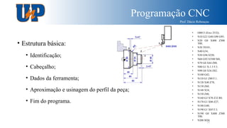 Programação CNC
Prof. Dácio Rebouças
11
• Estrutura básica:
• Identificação;
• Cabeçalho;
• Dados da ferramenta;
• Aproximação e usinagem do perfil da peça;
• Fim do programa.
• O0013 (Eixo 2532);
• N10 G21 G40 G90 G95;
• N20 G0 X400 Z300
T00;
• N30 T0101;
• N40 G54;
• N50 G96 S220;
• N60 G92 S3500 M4;
• N70 G0 X44 Z80;
• N80 G1 X-1.5 F.3;
• N90 G0 X36 Z82;
• N100 G42;
• N110 G1 Z80 F.1;
• N120 X40 Z78;
• N130 Z60;
• N140 X54;
• N150 Z40;
• N160 G3 X70 Z32 R8;
• N170 G1 X80 Z27;
• N180 G40;
• N190 G1 X85 F.3;
• N190 G0 X400 Z300
T00;
• N200 M30;
 