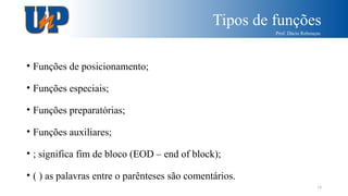 Tipos de funções
Prof. Dácio Rebouças
14
• Funções de posicionamento;
• Funções especiais;
• Funções preparatórias;
• Funções auxiliares;
• ; significa fim de bloco (EOD – end of block);
• ( ) as palavras entre o parênteses são comentários.
 
