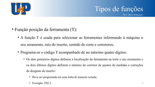 Tipos de funções
Prof. Dácio Rebouças
19
• Função posição da ferramenta (T):
• A função T é usada para selecionar as ferramentas informando à máquina o
seu zeramento, raio do inserto, sentido de corte e corretores;
• Programa-se o código T acompanhado de no máximo quatro dígitos:
• Os dois primeiros dígitos definem a localização da ferramenta na torre e seu zeramento e
os dois últimos dígitos definem o número do corretor de ajustes de medidas e correções
de desgaste do inserto:
• Deve ser programada em uma linha de maneira isolada;
• Exemplo: T02.2.
 