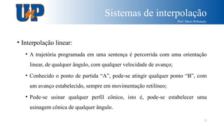 Sistemas de interpolação
Prof. Dácio Rebouças
25
• Interpolação linear:
• A trajetória programada em uma sentença é percorrida com uma orientação
linear, de qualquer ângulo, com qualquer velocidade de avanço;
• Conhecido o ponto de partida “A”, pode-se atingir qualquer ponto “B”, com
um avanço estabelecido, sempre em movimentação retilíneo;
• Pode-se usinar qualquer perfil cônico, isto é, pode-se estabelecer uma
usinagem cônica de qualquer ângulo.
 