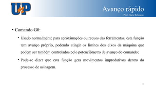 Avanço rápido
Prof. Dácio Rebouças
29
• Comando G0:
• Usado normalmente para aproximações ou recuos das ferramentas, esta função
tem avanço próprio, podendo atingir os limites dos eixos da máquina que
podem ser também controlados pelo potenciômetro de avanço do comando;
• Pode-se dizer que esta função gera movimentos improdutivos dentro do
processo de usinagem.
 