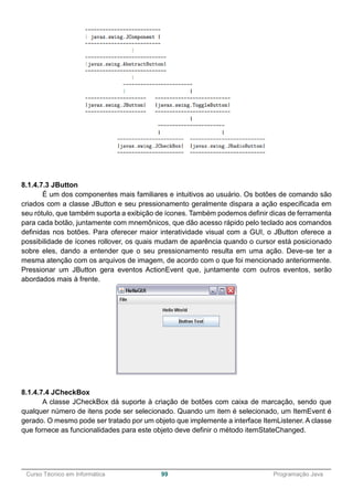 ______________________________________________________________________________________________
Curso Técnico em Informática 99 Programação Java
8.1.4.7.3 JButton
É um dos componentes mais familiares e intuitivos ao usuário. Os botões de comando são
criados com a classe JButton e seu pressionamento geralmente dispara a ação especificada em
seu rótulo, que também suporta a exibição de ícones. Também podemos definir dicas de ferramenta
para cada botão, juntamente com mnemônicos, que dão acesso rápido pelo teclado aos comandos
definidas nos botões. Para oferecer maior interatividade visual com a GUI, o JButton oferece a
possibilidade de ícones rollover, os quais mudam de aparência quando o cursor está posicionado
sobre eles, dando a entender que o seu pressionamento resulta em uma ação. Deve-se ter a
mesma atenção com os arquivos de imagem, de acordo com o que foi mencionado anteriormente.
Pressionar um JButton gera eventos ActionEvent que, juntamente com outros eventos, serão
abordados mais à frente.
8.1.4.7.4 JCheckBox
A classe JCheckBox dá suporte à criação de botões com caixa de marcação, sendo que
qualquer número de itens pode ser selecionado. Quando um item é selecionado, um ItemEvent é
gerado. O mesmo pode ser tratado por um objeto que implemente a interface ItemListener. A classe
que fornece as funcionalidades para este objeto deve definir o método itemStateChanged.
 