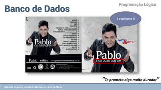 Programação Lógica 
Banco de Dados 
“Te prometo algo muito durador” 
É o conjunto !! 
Blenda Guedes, Geraldo Gomes e Larissa Melo  