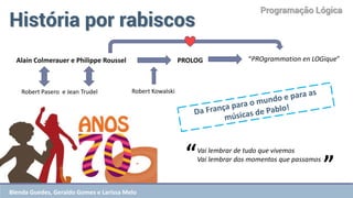 Programação Lógica 
História por rabiscos 
Vai lembrar de tudo que vivemos 
Vai lembrar dos momentos que passamos 
“ 
” 
Alain Colmerauer e Philippe Roussel 
“PROgrammation en LOGique” 
Robert Kowalski 
Robert Pasero e Jean Trudel 
PROLOG 
Blenda Guedes, Geraldo Gomes e Larissa Melo  