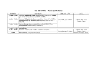 Dia: 08/11/2012 – Tarde (Quinta-Feira)

  HORÁRIO                                      ATIVIDADE                                    PÚBLICO ALVO                    LOCAL
14:00 h– 15:00h   Palestras: Biologia das arraias. Johne Coelho (UFPA/NMT) e Ictismo
                  por arraia. Cinthya Sarmanho (SESMA-ACARÁ).
15:00h – 17:00h   Palestras: Biologia de abelhas e vespas. Johne Coelho (UFPA/NMT). e
                                                                                        Comunidade geral e Alunos     Auditório Prof. Ernani
                  himenopterismo por abelhas e vespas. Josenádia Sousa (SESMA –
                                                                                                                        Pinheiro Chaves
                  BELÉM).
17:00h – 19:00h   Palestra: Biologia dos escorpiões. Johne coelho (UFPA/MNT). e
                  Escorpionismo. Johne Coelho (UFPA/NMT)

19:00h – 19:30h   Coffee Break
19:30h – 20:00h   Concurso – Exposição de trabalhos acadêmicos fotografias                                            Auditório Prof. Ernani
                                                                                        Comunidade geral e Alunos        Pinheiro Chaves
    20:00h        Encerramento – Programação Cultural                                                               Cantina do Campus - Soure
 