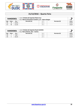 www.fesporte.sc.gov.br 20
21/12/2016 – Quarta Feira
HANDEBOL
Local: Ginásio de Esportes Flávio Cruz
Rua: Marcos Gonçalves Cordeiro, s/n – Bairro Berger
Jogo Naipe Hora Município [A] X Município [B] Chave
46 M 10:00 X 3º/4º
47 M 11:20 X 1º/2º
HANDEBOL
Local: Ginásio de Esportes Paulo Schiefler
Rua: Nereu Ramos, 351 – Centro
Jogo Naipe Hora Município [A] X Município [B] Chave
48 F 9:00 X 3º/4º
49 F 10:20 X 1º/2º
 