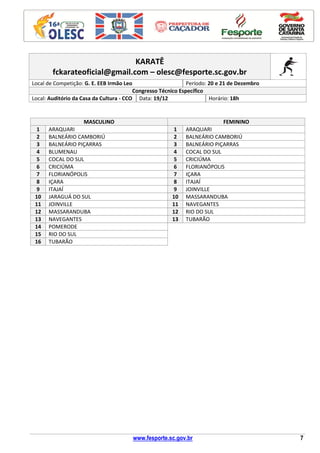 www.fesporte.sc.gov.br 7
KARATÊ
fckarateoficial@gmail.com – olesc@fesporte.sc.gov.br
Local de Competição: G. E. EEB Irmão Leo Período: 20 e 21 de Dezembro
Congresso Técnico Específico
Local: Auditório da Casa da Cultura - CCO Data: 19/12 Horário: 18h
MASCULINO FEMININO
1 ARAQUARI 1 ARAQUARI
2 BALNEÁRIO CAMBORIÚ 2 BALNEÁRIO CAMBORIÚ
3 BALNEÁRIO PIÇARRAS 3 BALNEÁRIO PIÇARRAS
4 BLUMENAU 4 COCAL DO SUL
5 COCAL DO SUL 5 CRICIÚMA
6 CRICIÚMA 6 FLORIANÓPOLIS
7 FLORIANÓPOLIS 7 IÇARA
8 IÇARA 8 ITAJAÍ
9 ITAJAÍ 9 JOINVILLE
10 JARAGUÁ DO SUL 10 MASSARANDUBA
11 JOINVILLE 11 NAVEGANTES
12 MASSARANDUBA 12 RIO DO SUL
13 NAVEGANTES 13 TUBARÃO
14 POMERODE
15 RIO DO SUL
16 TUBARÃO
 