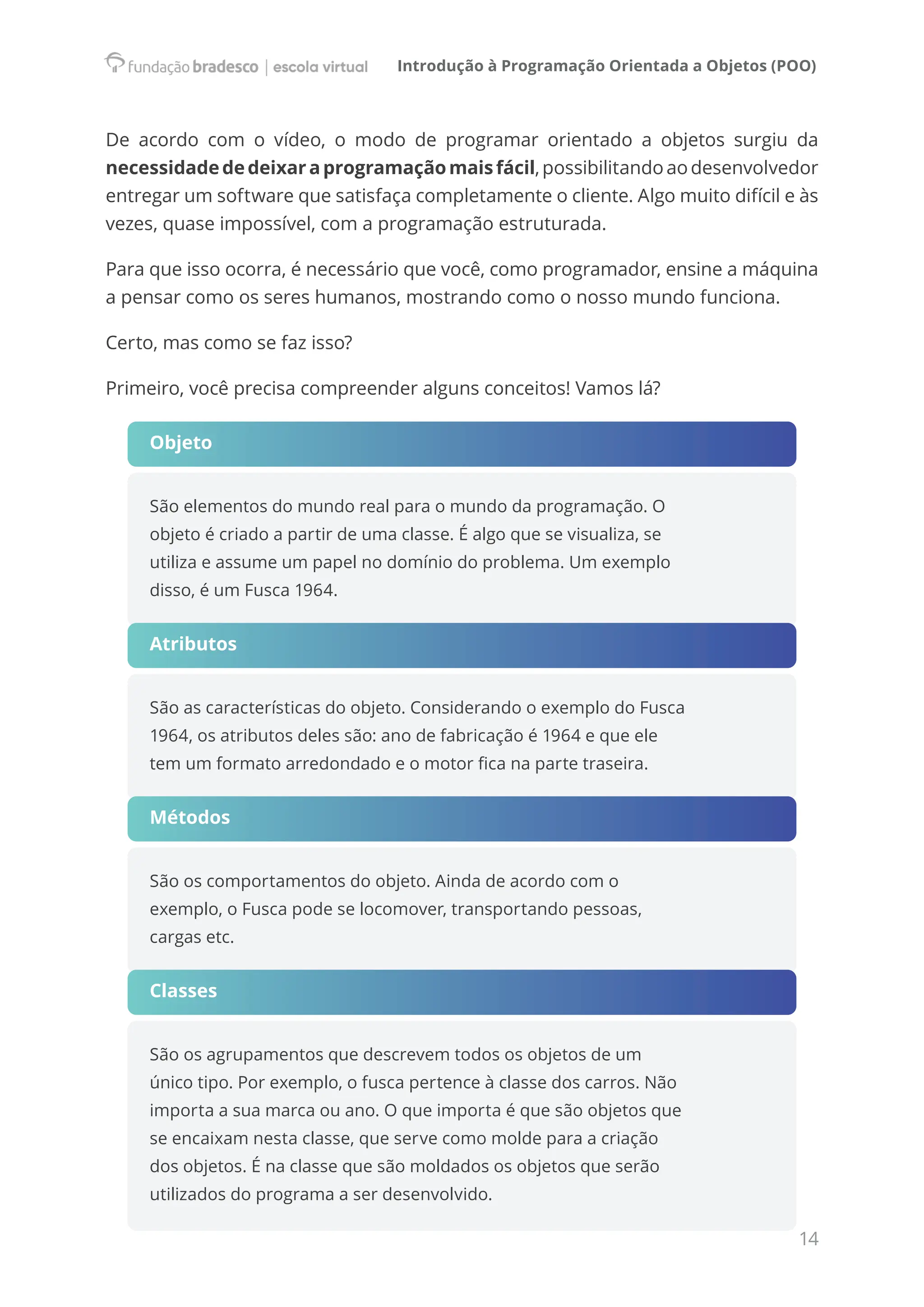 Introdução à Programação Orientada a Objetos (POO)
14
De acordo com o vídeo, o modo de programar orientado a objetos surgiu da
necessidadededeixaraprogramaçãomaisfácil,possibilitandoaodesenvolvedor
entregar um software que satisfaça completamente o cliente. Algo muito difícil e às
vezes, quase impossível, com a programação estruturada.
Para que isso ocorra, é necessário que você, como programador, ensine a máquina
a pensar como os seres humanos, mostrando como o nosso mundo funciona.
Certo, mas como se faz isso?
Primeiro, você precisa compreender alguns conceitos! Vamos lá?
Objeto
São elementos do mundo real para o mundo da programação. O
objeto é criado a partir de uma classe. É algo que se visualiza, se
utiliza e assume um papel no domínio do problema. Um exemplo
disso, é um Fusca 1964.
Atributos
São as características do objeto. Considerando o exemplo do Fusca
1964, os atributos deles são: ano de fabricação é 1964 e que ele
tem um formato arredondado e o motor fica na parte traseira.    
Métodos
São os comportamentos do objeto. Ainda de acordo com o
exemplo, o Fusca pode se locomover, transportando pessoas,
cargas etc.      
Classes
São os agrupamentos que descrevem todos os objetos de um
único tipo. Por exemplo, o fusca pertence à classe dos carros. Não
importa a sua marca ou ano. O que importa é que são objetos que
se encaixam nesta classe, que serve como molde para a criação
dos objetos. É na classe que são moldados os objetos que serão
utilizados do programa a ser desenvolvido.
 