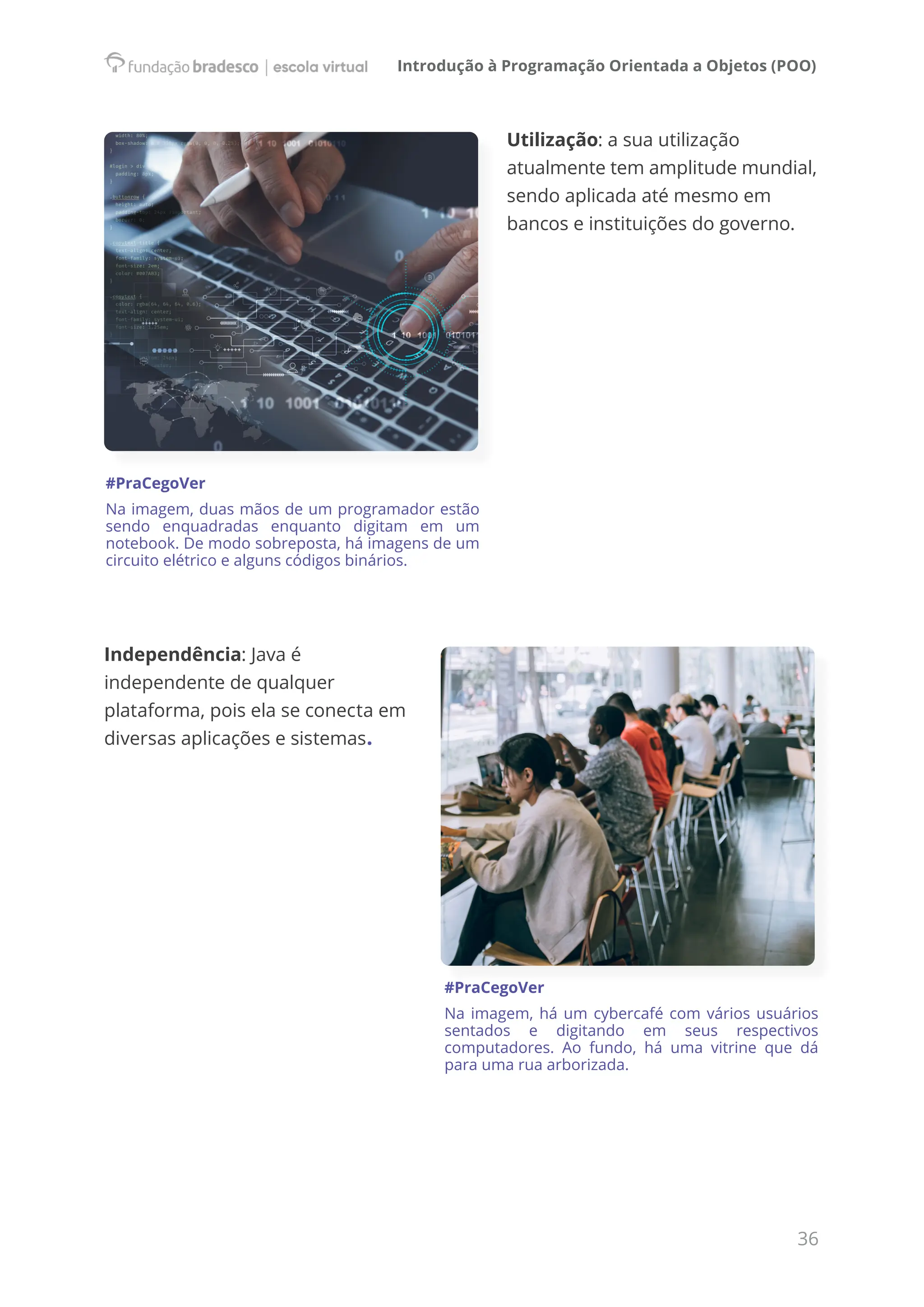 Introdução à Programação Orientada a Objetos (POO)
36
Utilização: a sua utilização
atualmente tem amplitude mundial,
sendo aplicada até mesmo em
bancos e instituições do governo.
Independência: Java é
independente de qualquer
plataforma, pois ela se conecta em
diversas aplicações e sistemas.
#PraCegoVer
Na imagem, há um cybercafé com vários usuários
sentados e digitando em seus respectivos
computadores. Ao fundo, há uma vitrine que dá
para uma rua arborizada.
#PraCegoVer
Na imagem, duas mãos de um programador estão
sendo enquadradas enquanto digitam em um
notebook. De modo sobreposta, há imagens de um
circuito elétrico e alguns códigos binários.
 