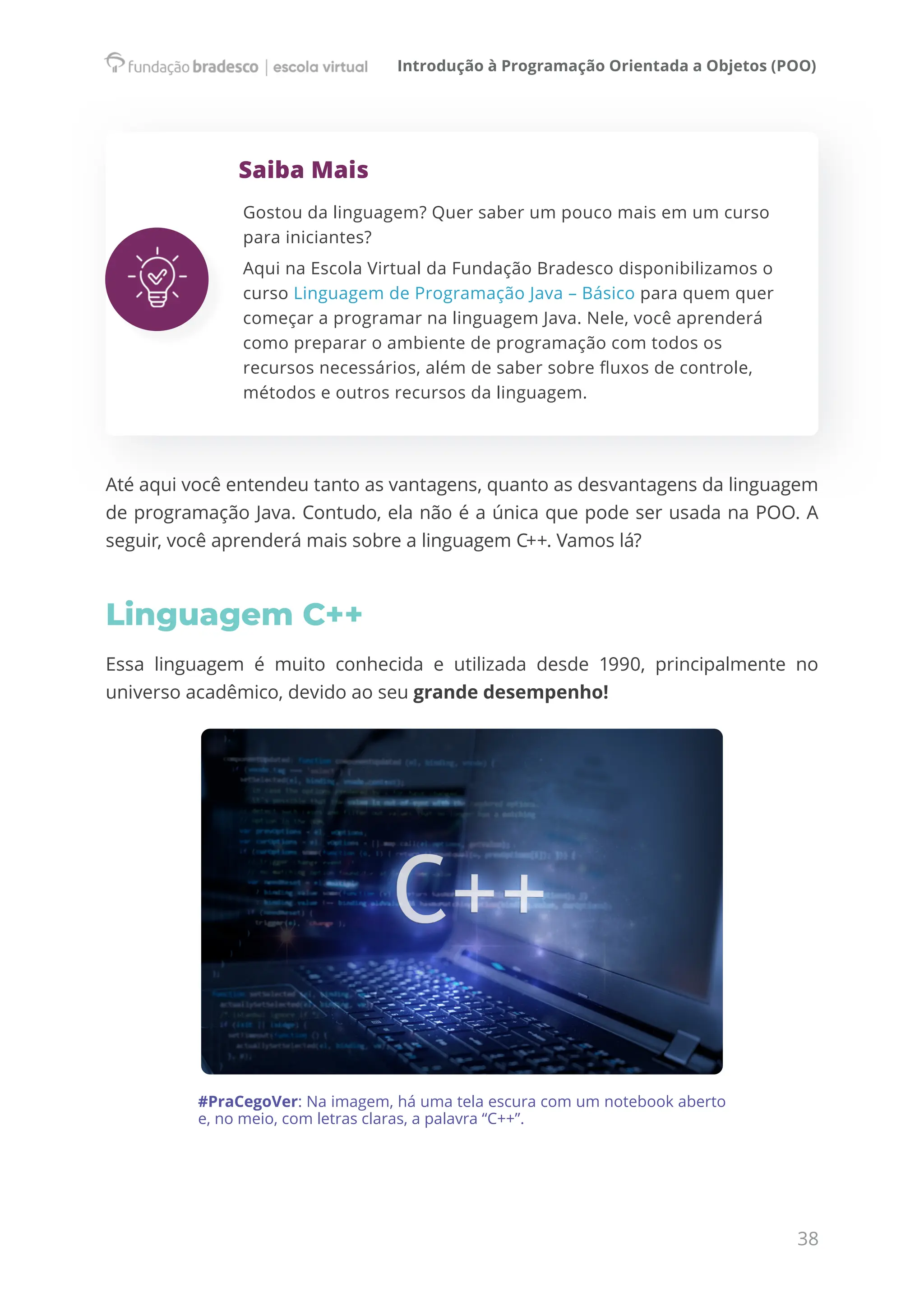 Introdução à Programação Orientada a Objetos (POO)
38
Saiba Mais
Gostou da linguagem? Quer saber um pouco mais em um curso
para iniciantes?
Aqui na Escola Virtual da Fundação Bradesco disponibilizamos o
curso Linguagem de Programação Java – Básico para quem quer
começar a programar na linguagem Java. Nele, você aprenderá
como preparar o ambiente de programação com todos os
recursos necessários, além de saber sobre fluxos de controle,
métodos e outros recursos da linguagem.
Até aqui você entendeu tanto as vantagens, quanto as desvantagens da linguagem
de programação Java. Contudo, ela não é a única que pode ser usada na POO. A
seguir, você aprenderá mais sobre a linguagem C++. Vamos lá?
Linguagem C++
Essa linguagem é muito conhecida e utilizada desde 1990, principalmente no
universo acadêmico, devido ao seu grande desempenho!
#PraCegoVer: Na imagem, há uma tela escura com um notebook aberto
e, no meio, com letras claras, a palavra “C++”.
 