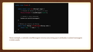 Neste exemplo, o método criarMensagem retorna uma string que é atribuída à variável mensagem
e então usada.
 