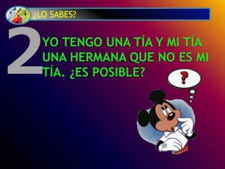 ¿LO SABES?
YO TENGO UNA TÍA Y MI TÍA
UNA HERMANA QUE NO ES MI
TÍA. ¿ES POSIBLE?2
 