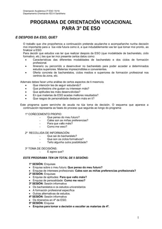 Orientación Académica 2º ESO
Mónica Diz Besada
1
PROGRAMA DE ORIENTACIÓN VOCACIONAL
PARA 2º DE ESO
E DESPOIS DA ESO, QUE?
O traballo que che propoñemos a continuación pretende axudarche e acompañarte nunha decisión moi
importante para a túa vida futura como é a que indudablemente vas ter que tomar moi pronto, ao finalizar a
ESO.
Para decidir que estudos vas ter que realizar despois da ESO tes que ter moi presente certos datos como:
 Como é o sistema educativo.
 Características das diferentes opcións ao rematar a ESO.
 Itinerario ou percorrido a desenvolver para poder acceder a determinados estudos superiores.
Ademais debes facer unha análise de certos aspectos de ti mesmo/a.
 Que intención tes de seguir estudando?
 Que profesións che gustan ou interesan máis?
 Que aptitudes tes máis desenvolvidas?
 En que materias de ESO acadas mellores resultados?
 Que rasgos de personalidade destacan máis en ti?
Este programa quere servirche de axuda na túa toma de decisión. O esquema que aparece a continuación
representa as fases do proceso que seguirás con estas actividades:
1. ACTIVIDADES DE AUTOCOÑECEMENTO:
- 1ª ENQUISA Como estou de motivación nos estudos?
- 2ª ENQUISA Cales son as miñas preferencias profesionais?
- 3ª ENQUISA Cales son as miñas aptitudes?
- 4ª ENQUISA Cales son os meus rasgos de persoalidade?
2. ACTIVIDADES DE INFORMACIÓN:
- Que sei do bacharelato?
- Que son os ciclos formativos?
- Que outras opcións podo estudar?
3. ACTIVIDADES DE TOMA DE DECISIÓNS:
- 5ª ENQUISA para tomar unha decisión e escoller as materias de 3º de ESO.
Isto tratarémolo no caderno de
información académica e na sesión de
orientación.
 