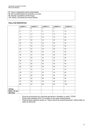Orientación Académica 3º ESO
Mónica Diz Besada
6
97. Facer o diagnóstico dunha enfermidade.
98. Ser correspondente dun periódico nun país.
99. Estudar a gramática dunha lingua.
100. Asistir a concertos de música clásica.
FOLLA DE RESPOSTAS:
CAMPO 1 CAMPO 2 CAMPO 3 CAMPO 4 CAMPO 5
1 2 3 4 5
6 7 8 9 10
11 12 13 14 15
16 17 18 19 20
21 22 23 24 25
26 27 28 29 30
31 32 33 34 35
36 37 38 39 40
41 42 43 44 45
46 47 48 49 50
51 52 53 54 55
56 57 58 59 60
61 62 63 64 65
66 67 68 69 70
71 72 73 74 75
76 77 78 79 80
81 82 83 84 85
86 87 88 89 90
91 92 93 94 95
96 97 98 99 100
TOTAL
Entre 10 (un
decimal)
- Suma as puntuacións por columnas apuntando o resultado no cadro “TOTAL”
- Divide cada resultado entre 10 e anótao no seu lugar correspondente.
- Posteriormente deberás anotar na “Taboa resumo de autocoñecemento” (última folla) os
datos da última fila.
 
