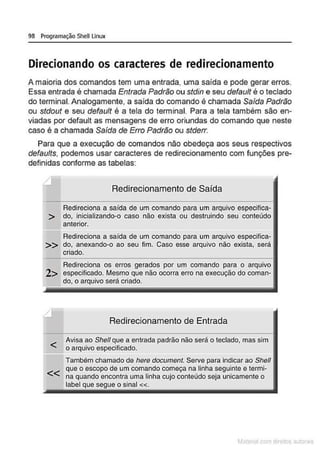 98 Programação Shell Linux
Direcionando os caracteres de redirecionamento
A maioria dos comandos tem uma entrada, uma saída e pode gerar erros.
Essa entrada é chamada Entrada Padrão ou stdin e seu default é o teclado
do terminal. Analogamente, a saída do comando é chamada Safda Padrão
ou stdout e seu defau!t é a tela do terminal. Para a tela também são en-
viadas por default as mensagens de erro oriundas do comando que neste
caso é a chamada Saída de Erro Padrão ou stderr.
Para que a execução de comandos não obedeça aos seus respectivos
defaults, podemos usar caracteres de redirecionamento com funções pre-
definidas conforme as tabelas:
Redirecionamento de Saída
Redireciona a saída de um comando para um arquivo especifica-
> do, inicializando-o caso não exista ou destruindo seu conteúdo
>;>
2>
<
<<
anterior.
Redireciona a saída de um comando para um arquivo especifica-
do, anexando-o ao seu fim. Caso esse arquivo não exista, será
criado.
Redireciona os erros gerados por um comando para o arquivo
especificado. Mesmo que não ocorra erro na execução do coman-
do, o arquivo será criado.
Redirecionamento de Entrada
Avisa ao She/1 que a entrada padrão não será o teclado, mas sim
o arquivo especificado.
Também chamado de here documenL Serve para indicar ao She/1
que o escopo de um comando começa na linha seguinte e termi-
na quando encontra uma linha cujo conteúdo seja unicamente o
label que segue o sinal «.
M terl ou
 
