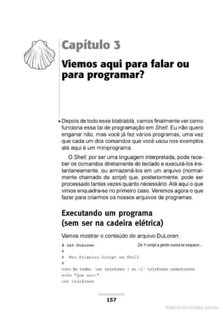 ?:~ ,~~ j Capítulo 3
I  :
f , I . : • •
!para programar?
.
.
i Depois de todo esse blablablá, vamos finalmente ver como
funciona essa tal de programação em She/1. Eu não quero
enganar não, mas você já fez vários programas, uma vez
que cada um dos comandos que você usou nos exemplos
até aqui é um míniprograma.
O She/1, por ser uma linguagem interpretada, pode rece-
ber os comandos diretamente do teclado e executá-los ins-
tantaneamente, ou armazená-los em um arquivo (normal-
mente chamado de script) que, posteriormente, pode ser
processado tantas vezes quanto necessário.Até aqui o que
vimos enquadra-se no primeiro caso. Veremos agora o que
fazer para criarmos os nossos arquivos de programas.
Executando um programa
(sem ser na cadeira elétrica}
Vamos mostrar o conteúdo do arquivo Duloren:
$ cat DuLoren Do 12scripl a gente nunca se esquece...
#
# Meu Pri meiro Script em Shel l
li
echo Eu t enho · cat tel efones I wc - 1· telef ones cadast rados
e cho " Que s ao : n
cate te l e f on es
157
Material com direitos autorais
 