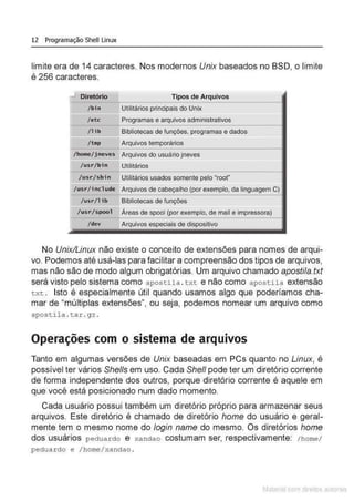 12 Programação Shell Linux
limite era de 14 caracteres. Nos modernos Unix baseados no BSD, o limite
é 256 caracteres.
J Diretório Tipos de Arquivos
/bin Utilitários principais do Unix
/etc Programas e arquivos administrativos
/lib Bibliotecas de funções, programas e dados
/tmp Arquivos temporários
/home/jneves Arquivos do usuário jneves
/usr/bin Utilitários
/usr/sbin Utilitários usados somente pelo "root"
/usr/include Arquivos de cabeçalho (por exemplo, da linguagem C)
/usr/lib Bibliotecas de funções
/usr/spool Áreas de spool (por exemplo, de mail e impressora)
••
/dev Arquivos especiais de dispositivo
No Unix/Unux não existe o conceito de extensões para nomes de arqui-
vo. Podemos até usá-las para facilitar a compreensão dos tipos de arquivos,
mas não são de modo algum obrigatórias. Um arquivo chamado apostila.txt
será visto pelo sistema como apostila . t xt e não como apostila extensão
t xt . Isto é especialmente útil quando usamos algo que poderíamos cha-
mar de "múltiplas extensões", ou seja, podemos nomear um arquivo como
aposti l a . t ar . gz .
Operações com o sistema de arquivos
Tanto em algumas versões de Unix baseadas em PCs quanto no Linux, é
possível ter vários She//s em uso. Cada She/1 pode ter um diretório corrente
de forma independente dos outros, porque diretório corrente é aquele em
que você está posicionado num dado momento.
Cada usuário possui também um diretório próprio para armazenar seus
arquivos. Este diretório é chamado de diretório home do usuário e geral-
mente tem o mesmo nome do login name do mesmo. Os diretórios home
dos usuários peduarcto e xanctao costumam ser, respectivamente: / home/
pedua rdo e / home/xandao.
Matenal çorn d1re1tos at•tora1s
 