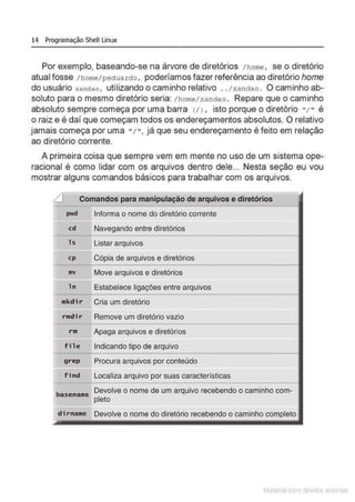 14 Programação Shell Linux
Por exemplo, baseando-se na árvore de diretórios /home , se o diretório
atual fosse / home/pectuarcto, poderíamos fazer referência ao diretório home
do usuário xandao , utilizando o caminho relativo .. /xandao. O caminho ab-
soluto para o mesmo diretório seria: / nome/xandao . Repare que o caminho
absoluto sempre começa por uma barra (I l , isto porque o diretório "1" é
o raiz e é daí que começam todos os endereçamentos absolutos. O relativo
jamais começa por uma "; ", já que seu endereçamento é feito em relação
ao diretório corrente.
A primeira coisa que sempre vem em mente no uso de um sistema ope-
racional é como lidar com os arquivos dentro dele... Nesta seção eu vou
mostrar alguns comandos básicos para trabalhar com os arquivos.
L1 Comandos para manipulação de arquivos e diretórios
pwd Informa o nome do diretório corrente
cd Navegando entre diretórios
ls Listar arquivos
cp Cópia de arquivos e diretórios
mv Move arquivos e diretórios
ln Estabelece ligações entre arquivos
mkdir Cria um diretório
rmdir Remove um diretório vazio
rm Apaga arquivos e diretórios
file Indicando tipo de arquivo
grep Procura arquivos por conteúdo
find Localiza arquivo por suas características
basename Devolve o nome de um arquivo recebendo o caminho com-
pleto
dirname Devolve o nome do diretório recebendo o caminho completo
Matenal çorn d1re1tos at,tora1s
 