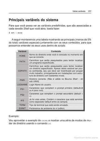 Várias variáveis 257
Principais variáveis do sistema
Para que você possa ver as variáveis predefinidas, que são associadas a
cada sessão She/1 que você abra, basta fazer:
$ set I more
A seguir montaremos uma tabela mostrando as principais (menos de 5%
do total) variáveis especiais juntamente com os seus conteúdos, para que
possamos entender os seus usos dentro de scripts:
Variável Conteúdo
HOME
Nome do diretório onde você é colocado no momento em
que se conecta.
PATH
Caminhos que serão pesquisados para tentar localizar
um programa especificado.
Caminhos que serão pesquisados para tentar localizar
um diretório especificado. Apesar desta variável ser pou-
CDPATH co conhecida, seu uso deve ser incentivado por poupar
muito trabalho, principalmente em instalações com estru-
tura de diretório com bastantes níveis.
PWD
Diretório corrente. (Não é válido no Bourne Shell- sh
sob UNIX)
-
LOGNAME Login Name do usuário.
PS1
Caracteres que compõem o prompt primário (defaull=$
ou # para root).
PS2
Caracteres que compõem o prompt secundário (default =
>).
IFS
Já foi visto antes. Contém o caractere que está servindo
como separador default entre os campos.
TERM Tipo de terminal que está sendo emulado.
EXINIT Parâmetros de ambiente do vi (editor).
Exemplo:
Vou aproveitar o exemplo do SHoME e mostrar uma série de modos de mu-
dar de diretório usando o comando cct:
Matenal çorn d1re1tos at•tora1s
 