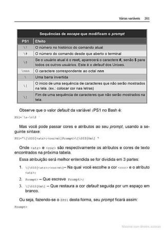 !
 #
$
 n n n

I
]
Várias variáveis 261
O numero no histórico do comando atual
O número do comando desde que aberto o terminal
Se o usuário atual é o root, aparecerá o caractere#, senão$ para
todos os outros usuários. Este é o defau/t dos Unixes.
O caractere correspondente ao octal nnn
Uma barra invertida
O inicio de uma sequência de caracteres que não serão mostrados
na tela. (ex.: colocar cor nas letras)
Fim de uma sequência de caracteres que não serão mostrados na
tela.
Observe que o valor default da variável $PS1 no Bash é:
PSl= ' s- v$ '
Mas você pode passar cores e atlfibutos ao seu prompt, usando a se-
guinte sintaxe:
PS1=" [ 033 [<o.t<>; <cox>m] Pxompt>{033 [0rn ] "
Onde <a t.r:> e <cor> são respectivamente os atributos e cores de texto
encontrados na próxima tabela.
Essa atribuição será melhor entendida se for dividida em 3 partes:
1. [033[<acr>: <cor>mJ- Na qual você escolhe a cor <cor> e o atributo
<atr >;
2. Prompt> - Que escreve Pro mpt > ;
3. [033(0mJ -Que restaura a cor default seguida por um espaço em
branco.
Ou seja, fazendo-se o SPSl desta forma, seu prompt ficará assim:
Prom
pt>
 