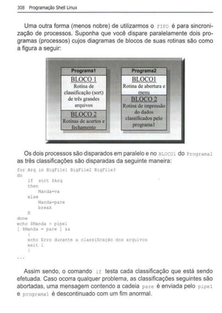 308 Programação Shell Linux
Uma outra forma (menos nobre) de utilizarmos o FIFO é para sincroni-
zação de processos. Suponha que você dispare paralelamente dois pro-
gramas (processos) cujos diagramas de blocos de suas rotinas são como
a figura a seguir:
Rotina de
classificação (sort)
de três grandes
arquivos
BLOC02
Rotinas de acenos e
BLOCOI
Rotina de abertura e
BLOC02
Rotina de impressão
do dados
classificados pelo
programai
Os dois processos são disparados em paralelo e no BLOCOl do Programai
as três classificações são disparadas da seguinte maneira:
for Arq in BigFilel BigFi1e2 Bigfile3
do
done
if son SArq
then
else
fi
Manda-va
Manda=pare
break
echo $Handa > pipel
[ $Manda = pare J &&
[
echo Erro durante a classificação dos arquivos
exit 1
J
Assim sendo, o comando if testa cada classificação que está sendo
efetuada. Caso ocorra qualquer problema, as classificações seguintes são
abortadas, uma mensagem contendo a cadeia pare é enviada pelo pipel
e programal é descontinuado com um fim anormal.
 