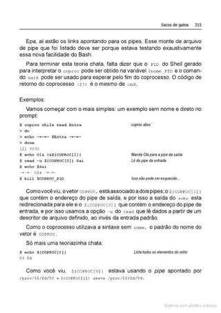 Sacos de gatos 315
Epa, aí estão os links apontando para os pipes. Esse monte de arquivo
de pipe que foi listado deve ser porque estava testando exaustivamente
essa nova facilidade do Bash.
Para terminar esta teoria chata, falta dizer que o J?I D do Shell gerado
para interpretar o coproc pode ser obtido na variável $ nome_PI o e o coman-
do w<
li t pode ser usado para esperar pelo fim do coprocesso. O código de
retorno do coprocesso ($?1 é o mesmo de cmd .
Exemplos:
Vamos começar com o mais simples: um exemplo sem nome e direto no
prompt:
$ coproc whilé rQad Entra
>do
> echo - a-=- $Entra -=-a-
> done
[2] 3030
$ eeho Ol á >&${COPROC[l) )
S read - u ${COPROC[0)) Sai
$ echo $Sai
-=--=- Olá -=-=-
$ k i ll $COPROC_PID
coproc ativo
Manda Olá para apipe da saída
Lê do pipe da entrada
Isso nãopodeseresquecido...
Comovocêviu,ovetor coPROC, estáassociado adoispipes;o s! coPROC[ 111
que contém o endereço do pipe de saída, e por isso a saída do echo esta
redirecionada para ele e o stco?Roc ro11 que contém o endereço do pipe de
entrada, e por isso usamos a opção - u do read que lê dados a partir de um
descritor de arquivo definido, ao invés da entrada padrão.
Como o coprocesso utilizava a sintaxe sem nome, o padrão do nome do
Vetor é COI?ROC .
Só mais uma teoriazinha chata:
$ echo $(COPROC [@ )}
59 s q
Lista todos os elementos do vetor
Como você viu, s !coPROC to11 estava usando o pipe apontado por
/proc/S$ /fd/59 e $ (COPROC ( l l I usava /prcc/SS / fd/54 .
Mate com d re l s 1 ' s
 