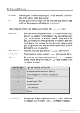 26 Programação Shell Linux
expressão
ação
Define quais critérios de pesquisa. Pode ser uma combina-
ção entre vários tipos de procura;
Define que ação executar com os arquivos que atender aos
critérios de pesquisa definidos por expressão .
Os principais critérios de pesquisa definidos por expr essão são:
- name nome
-user usuário
-group grupo
-type c
.J Valores de c
b
c
d
p
f
1
s
- size ±n ( bckw)
Procura arquivos que tenham o nome especificado. Aqui
podem ser usados metacaracteres ou caracteres curin-
gas, porém estes caracteres deverão estar entre as-
pas, apóstrofos ou imediatamente precedidos por uma
contrabarra (por enquanto fico devendo esta explica-
ção porque isso será exaustivamente ensinado quando
começarmos a programar);
Procura arquivos que tenham usuári o como dono;
Procura arquivos que tenham grupo como grupo dono;
Procura por arquivos que tenham o tipo c, correspon-
dente à letra do tipo do arquivo. Os tipos aceitos estão
na tabela a seguir:
Tipo de arquivo procurado
Arquivo especial acessado a bloco
Arquivo especial acessado a caractere
Diretório
Named pipe (FIFO)
Arquivo normal
Link simbólico
Socket
Procura por arquivos que usam mais (+n) de n unidades
de espaço ou a menos (-n) de n unidades de espaço.
Matenal çorn d1re1tos at,tora1s
 
