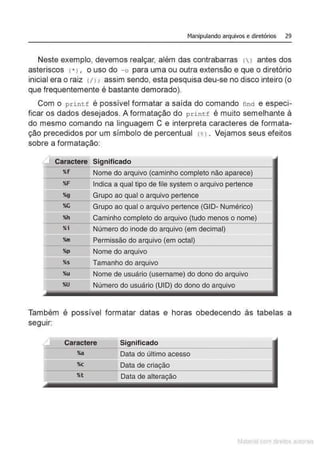 Manipulando arquivos e diretórios 29
Neste exemplo, devemos realçar, além das contrabarras ( ) antes dos
asteriscos 1*) , o uso do - o para uma ou outra extensão e que o diretório
inicial era o raiz 11l : assim sendo, esta pesquisa deu-se no disco inteiro (o
que frequentemente é bastante demorado).
Com o prin tf é possível formatar a saída do comando find e especi-
ficar os dados desejados. A formatação do p rint f é muito semelhante à
do mesmo comando na linguagem C e interpreta caracteres de formata-
ção precedidos por um símbolo de percentual ( %l . Vejamos seus efeitos
sobre a formatação:
Caract~e~
re
~~~~~~------------------------------­
%f
%F
==
I==
%g
Indica a qual tipo de file system o arquivo pertence
Grupo ao qual o arquivo pertence
%G
%h
%i
%m
%p
%s
%u
%U
Grupo ao qual o arquivo pertence (GID- Numérico)
Caminho completo do arquivo (tudo menos o nome)
Número do inode do arquivo (em decimal)
Permissão do arquivo (em octal)
Nome do arquivo
Tamanho do arquivo
Nome de usuário (username) do dono do arquivo
Número do usuário (UID) do dono do arquivo
Também é possível formatar datas e horas obedecendo às tabelas a
segu1r:
/ Caractere
%a
%c
%t
Significado
Data do último acesso
Data de
Data de alteração
Matenal çorn d1re1tos at,tora1s
 