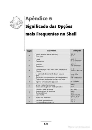 Apêndice 6
Significado das Opções
mais Frequentes no Shell
Opção Significado Exemplos
t,nexa (a saícla em um arquivo) tee -a
·a todos (611) ts -a
Qonta grep -c
·C
Qommando sh -c command
Qiretório cpio -d
-d
Qelimitador cut -ddellmiter
-e
.§:xpande (algo, p.ex. <tab> para <espaços>)
,5xecute
Lê a entrada docomando de um arquivo fgrep ·f file
-f
(file) rm -f
.Eorça uma condição (execução não interativa) cut -fieldnumber
Especifica o número de um campo (Field)
·h Imprime um cabeçalho (!:!eader) pr-hheader
-i !gnora maiúscula/minúscula grep -i
Coloca a instrução em medo jnterativo rm ·i
Formato !,oogo de saída ls -1,ps-l
·I
!,;ista os nomes de arquivos grep ·I
Conta as !,inhas WC ·I
_bQginname rlogin ·lname
·L Siga o !,ink simbólico cpio ·L, ls -L
Em modo ~ão interativo rsh - n
-n
Processamento ttumérico sort -n
520
Mt cvrn r to to s
 